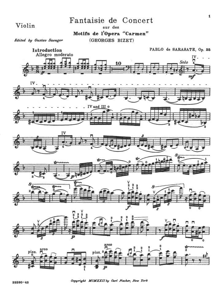 Sarasate, Pablo - Carmen Fantasy, Op 25 - Violin and Piano - edited by Gustav Saenger - Carl Fischer Edition - Image 2
