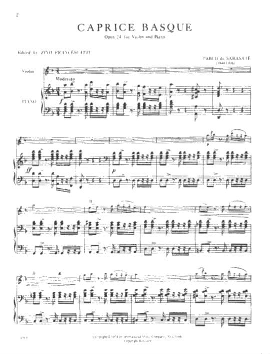 Sarasate, Pablo - Caprice Basque, Op 24 - Violin and Piano - edited by Zino Francescatti - published by International Music Company - Image 2
