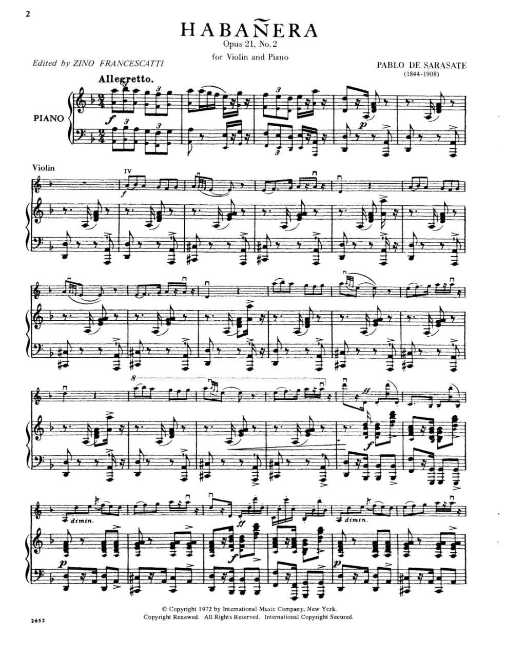 Sarasate, Pablo - Habanera Op 21 No 2 For Violin and Piano Published by International Music Company - Image 2