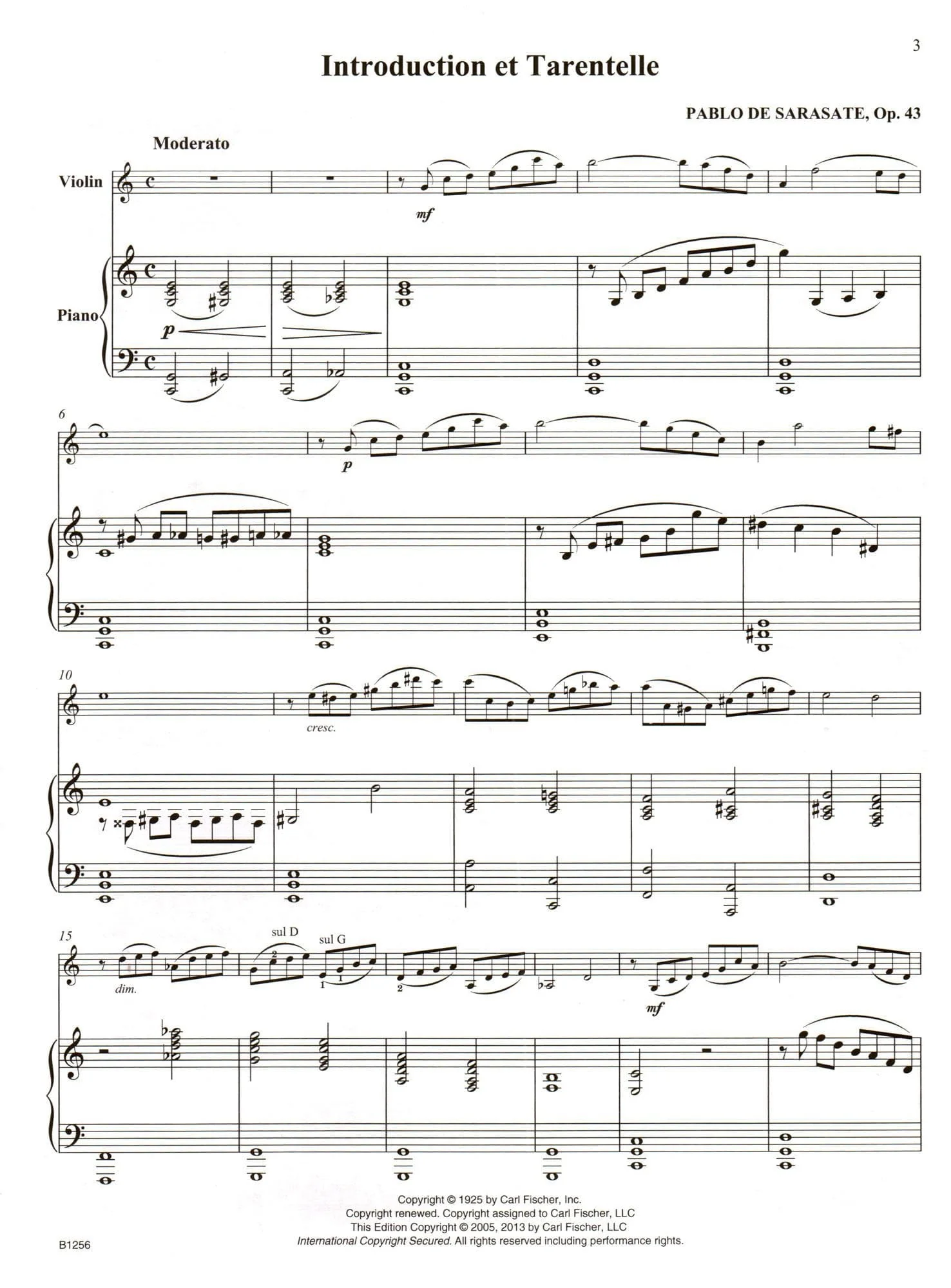 Sarasate, Pablo - Introduction and Tarantella Op 43 For Violin and Piano Published by Carl Fischer - Image 3