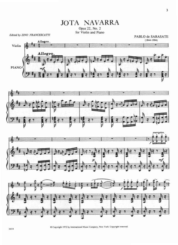 Sarasate, Pablo de - Jota Navarra, Op 22, No 2 - for Violin and Piano - edited by Francescatti - International Music Company - Image 2