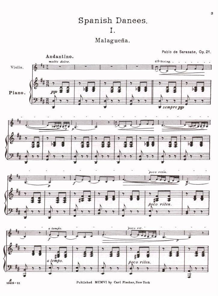 Sarasate, Pablo de - Malaguena Op 21 - for Violin and Piano - Carl Fischer - Image 2