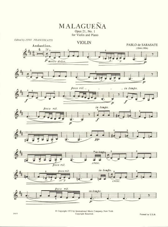 Sarasate, Pablo de - Malaguena Op 21 No 1 - for Violin and Piano - edited by Francescatti - International Music Company - Image 2