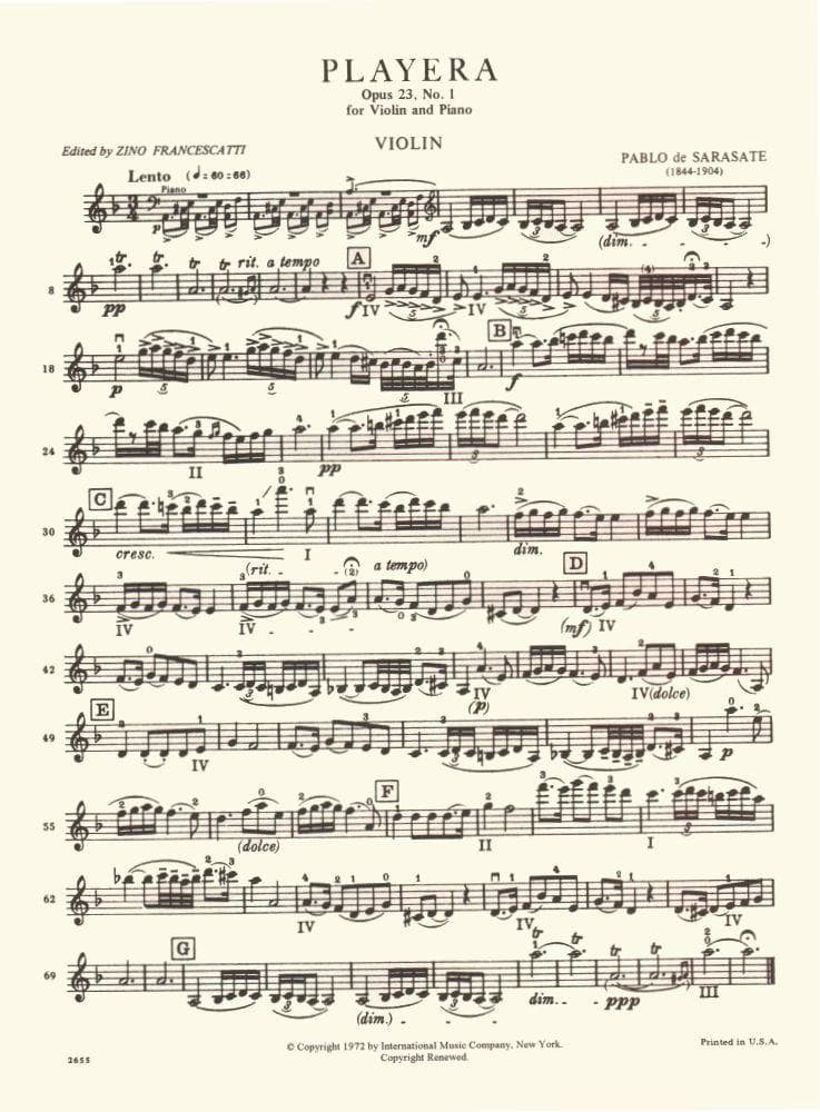 Sarasate, Pablo de - Playera Op 23, No 1 - for Violin and Piano - edited by Francescatti - International Music Company - Image 2