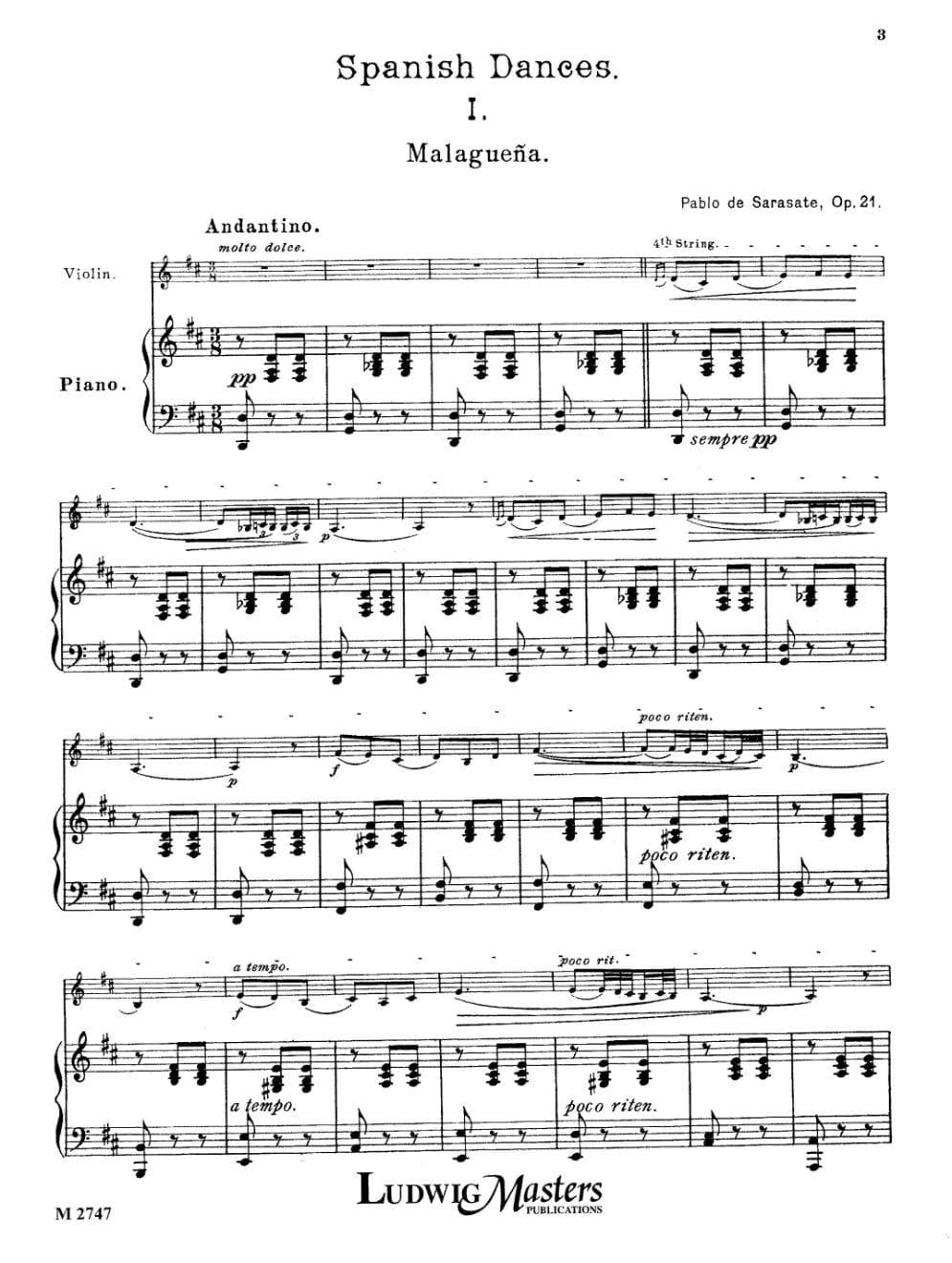 Sarasate, Pablo - Spanish Dances, Volume 1, Op 21 For Violin and Piano Published by Masters Music Publishing Co - Image 2