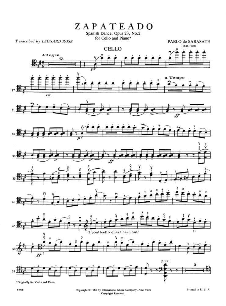 Sarasate, Pablo - Zapateado Op 23 No 2 For Cello and Piano Published by International Music Company - Image 2