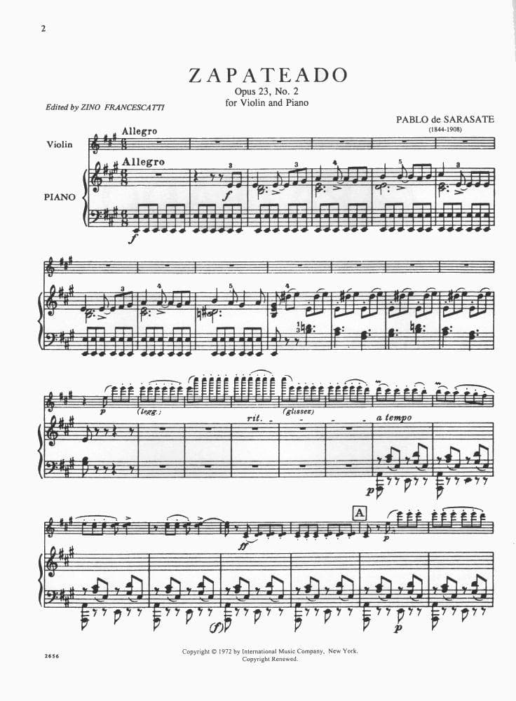 Sarasate, Pablo - Zapateado Op 23 No 2 - for Violin and Piano - edited by Francescatti - International Music Company - Image 2
