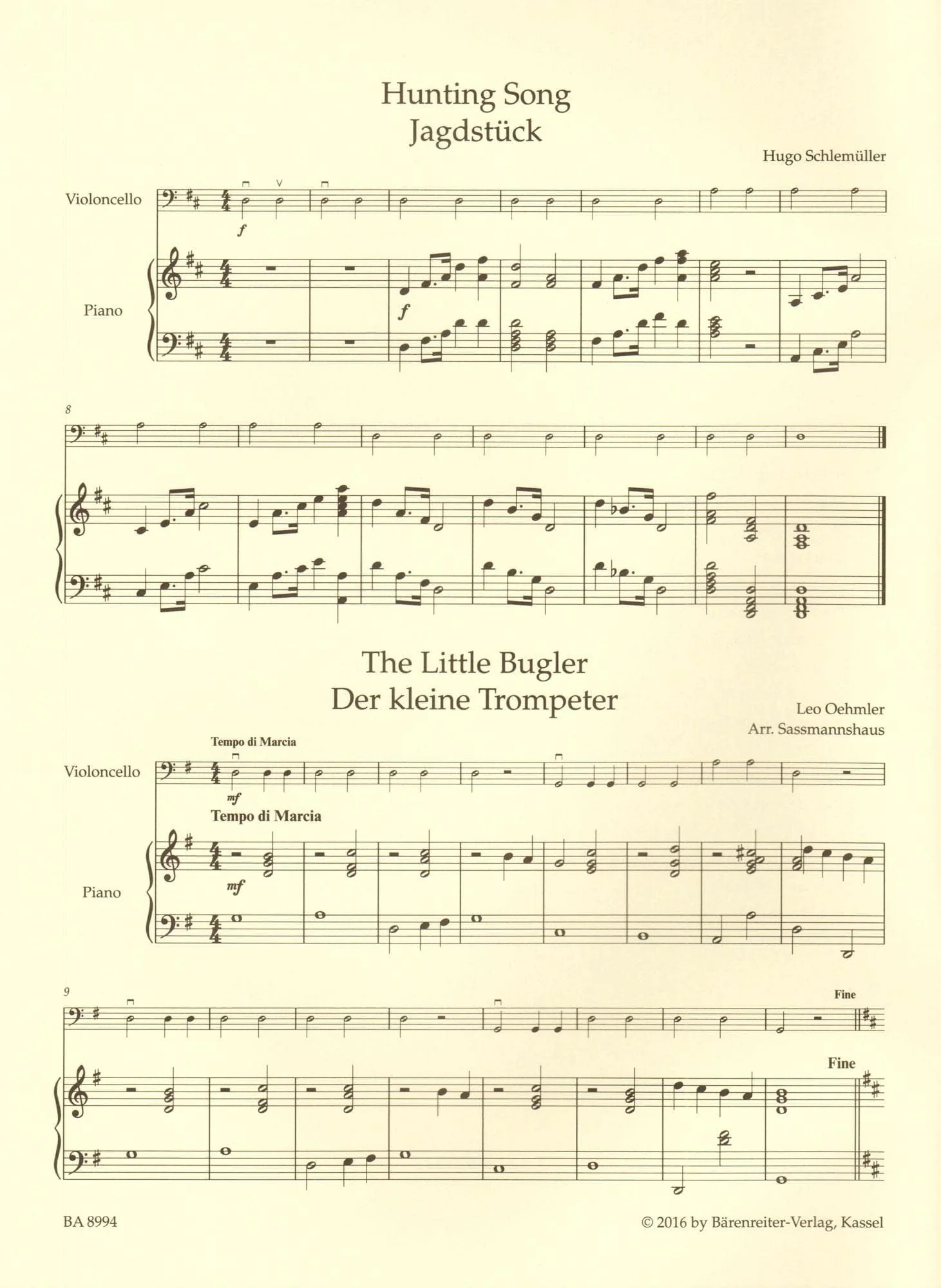 The Sassmannshaus Tradition - Cello Recital Album Volume 1 - 18 Recital Pieces in First Position - for Cello and Piano (or Two Celli) - published by Barenreiter - Image 4