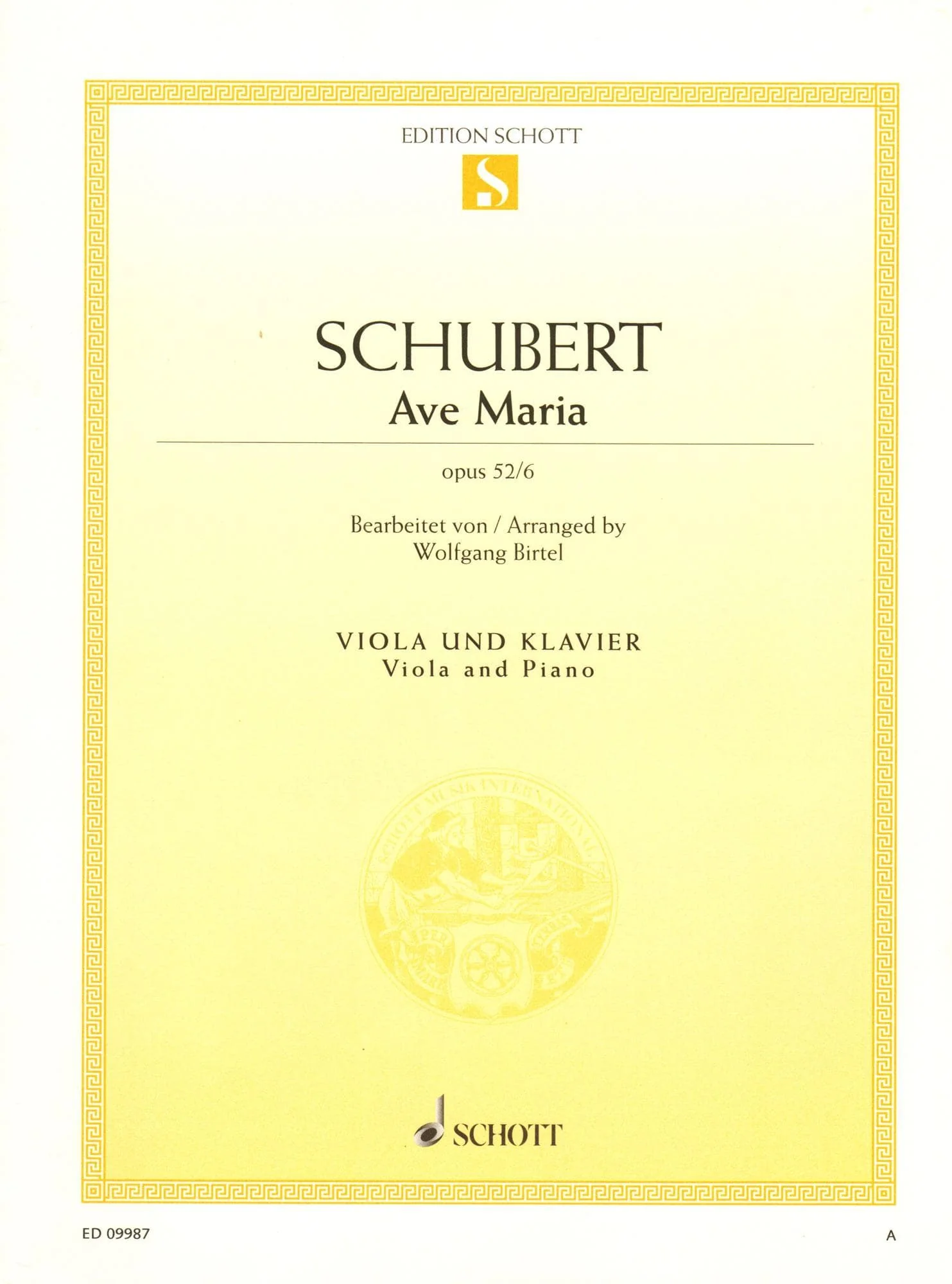 Schubert, Franz Peter - Ave Maria, Opus 52/6 - arranged by Wolfgang Birtel - for Viola and Piano - Schott