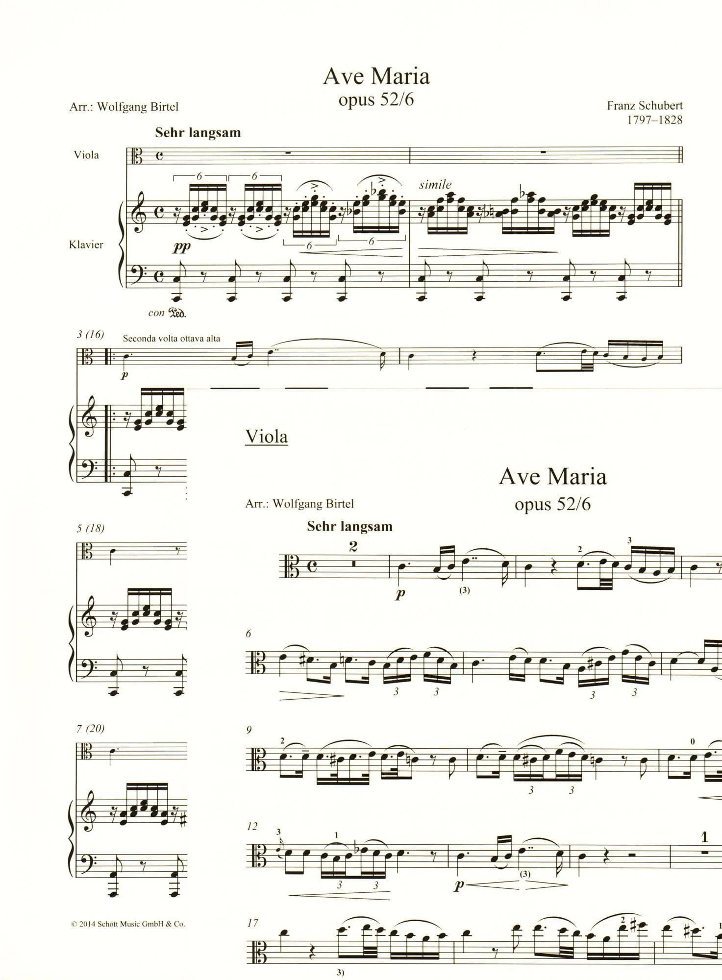 Schubert, Franz Peter - Ave Maria, Opus 52/6 - arranged by Wolfgang Birtel - for Viola and Piano - Schott - Image 2