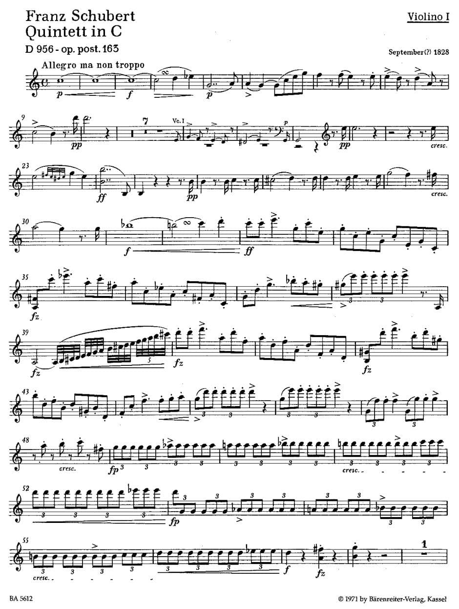 Schubert, Franz - Quintet in C Major, Op 163, D 956 - PARTS ONLY - Barenretier URTEXT - Image 2