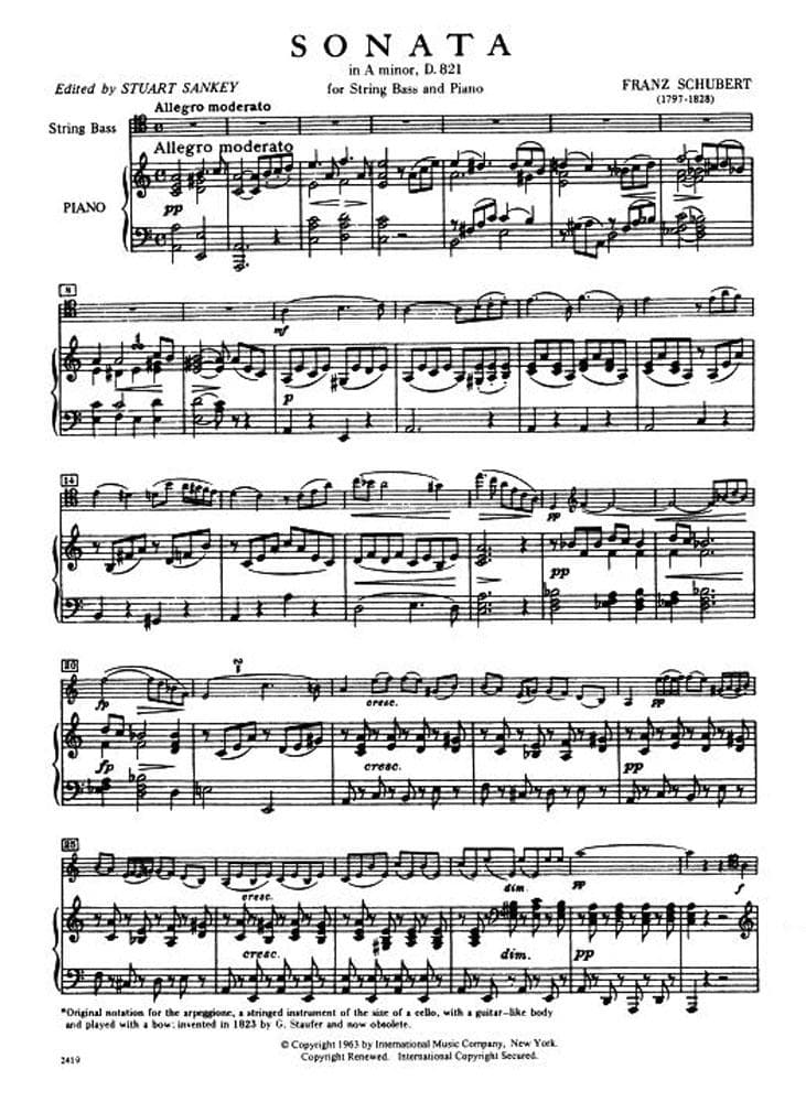 Schubert, Franz - Sonata in a minor (Arpeggione) For Bass and Piano Arranged by Sankey Published by International Music Company - Image 2