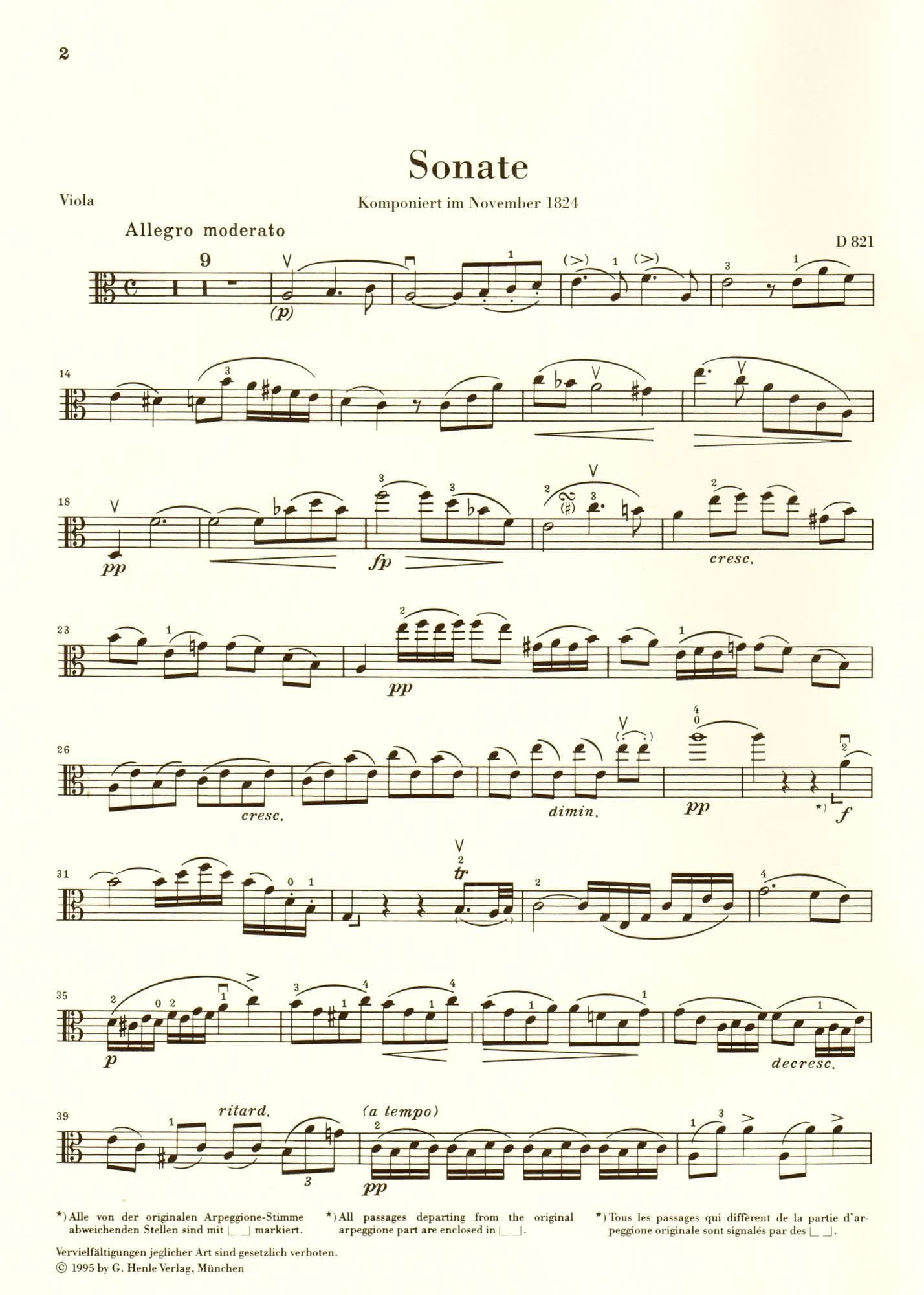 Schubert, Franz - Sonata in a minor ( Arpeggione ) D 821 For Viola and Piano URTEXT Published by G Henle Verlag - Image 3