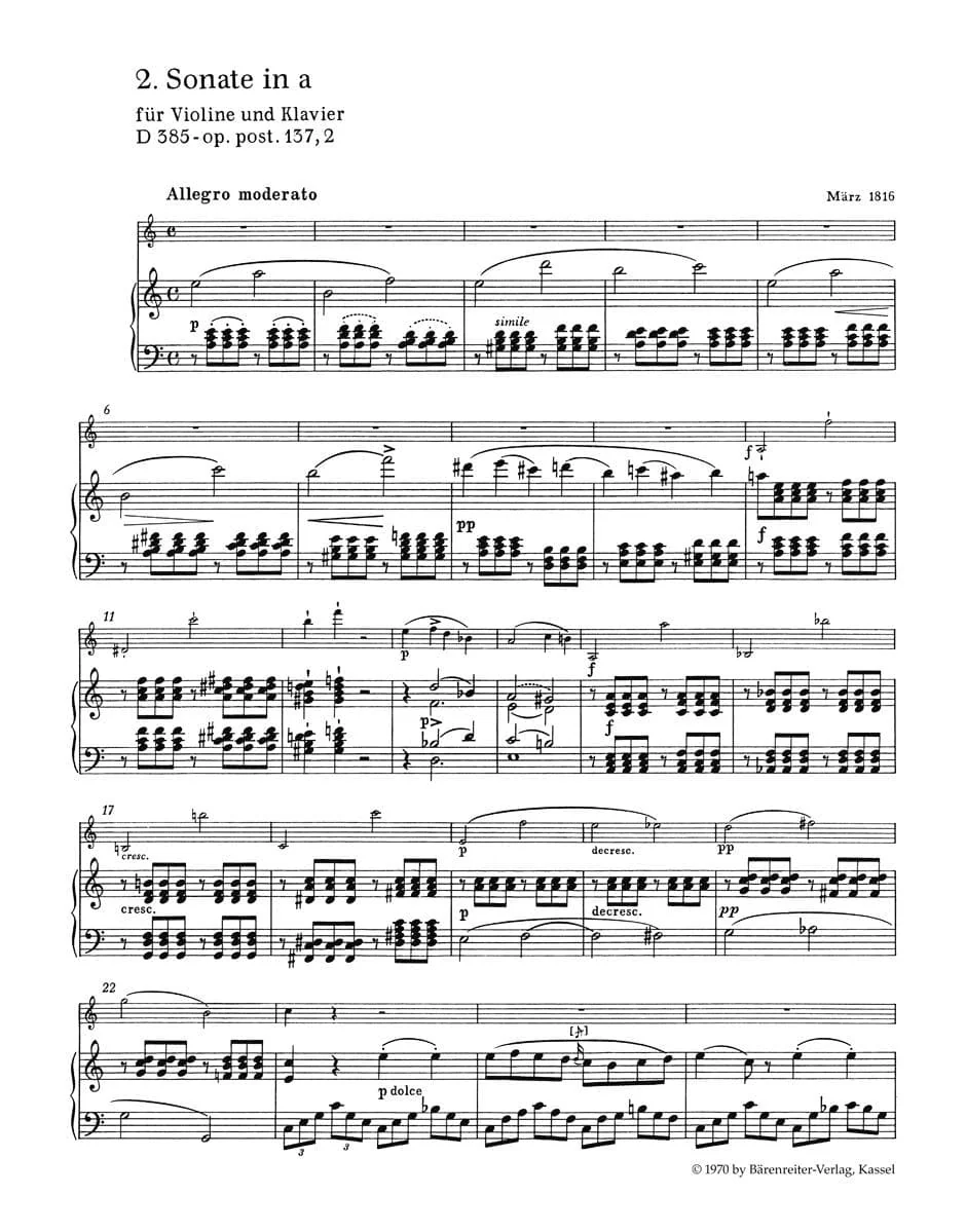 Schubert, Franz - Three Sonatinas, Op 137 For Violin and Piano URTEXT Published by Barenreiter - Image 3