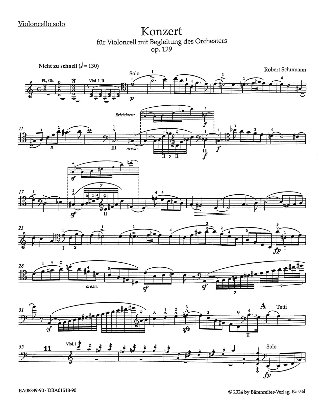 Schumann, Robert - Cello Concerto in a minor, op. 129 for Cello and Piano - Barenreiter Urtext - Image 4
