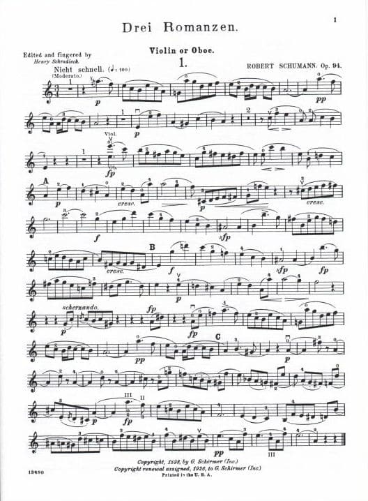 Schumann, Robert - 3 Romances, Op 94 - Violin or Oboe or Clarinet in A and piano - edited by Schradieck - Schirmer - Image 2