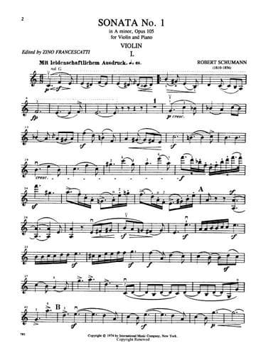 Schumann, Robert - 2 Violin Sonatas, Op 105 and 121 - Violin and Piano - edited by Francescatti - International Music Company - Image 2