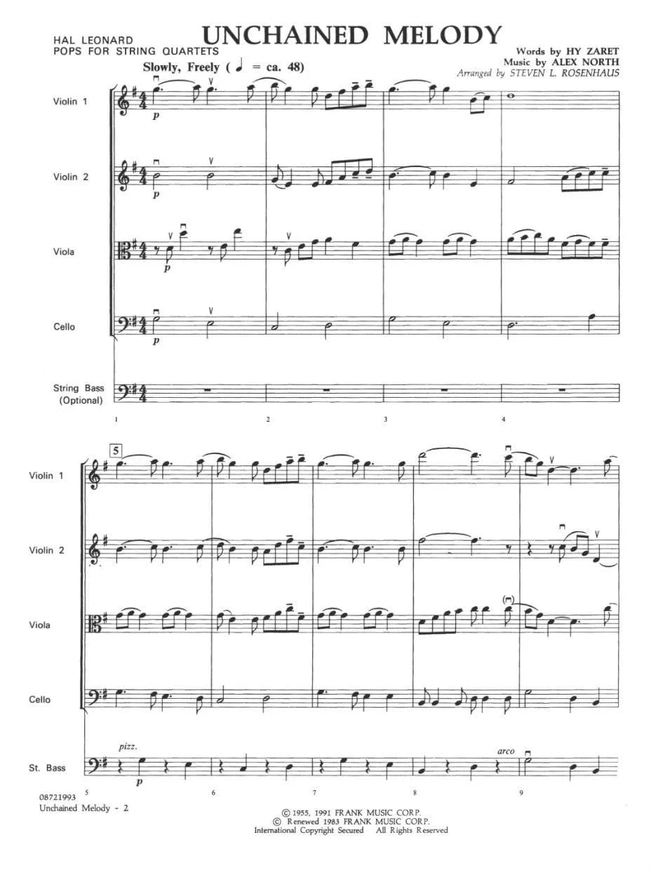 Unchained Melody - For String Quartet, with optional Bass part Score and Parts Arranged by Rosenhaus Published by Hal Leonard - Image 2