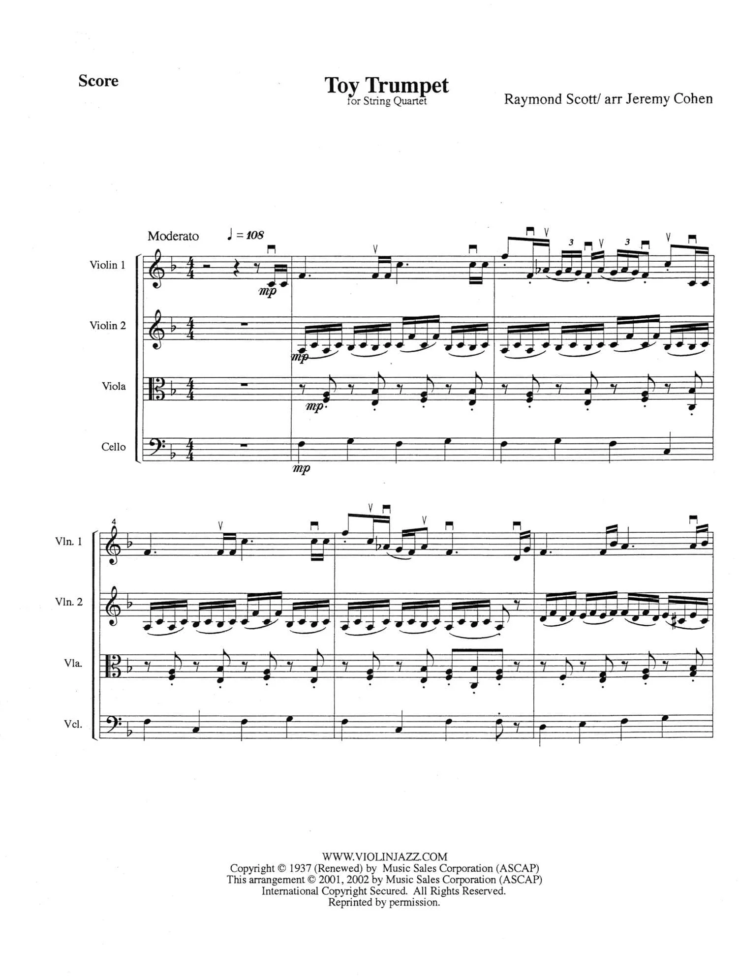 Scott, Raymond - Toy Trumpet - Raymond Scott Collection - for String Quartet - arranged by Jeremy Cohen - Violinjazz Editions - Image 2