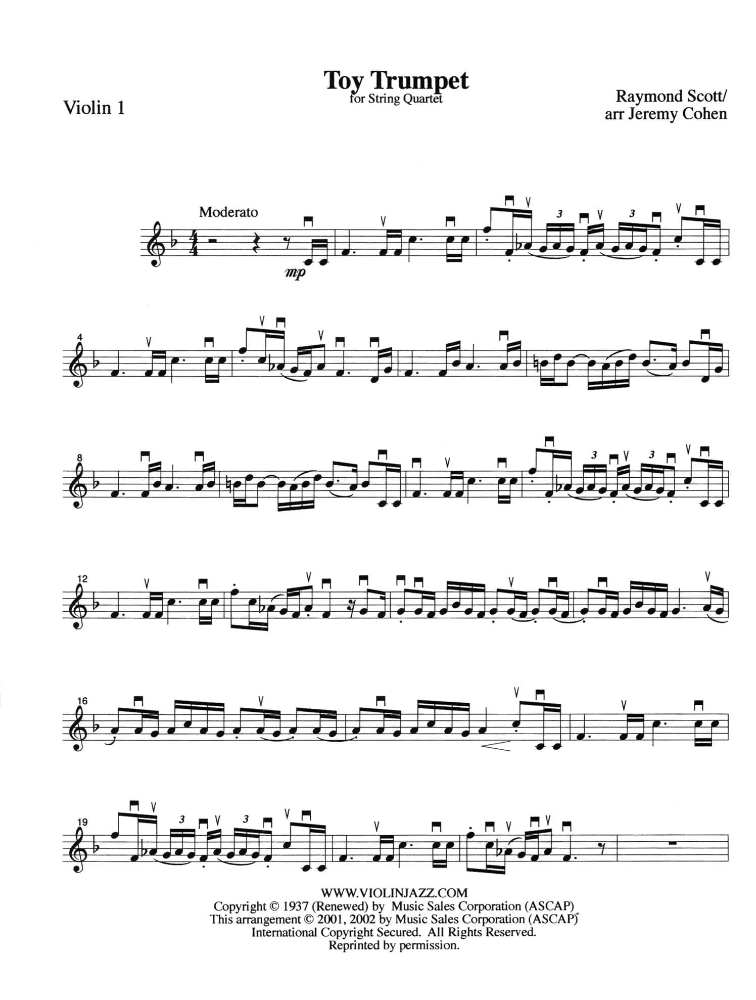 Scott, Raymond - Toy Trumpet - Raymond Scott Collection - for String Quartet - arranged by Jeremy Cohen - Violinjazz Editions - Image 3