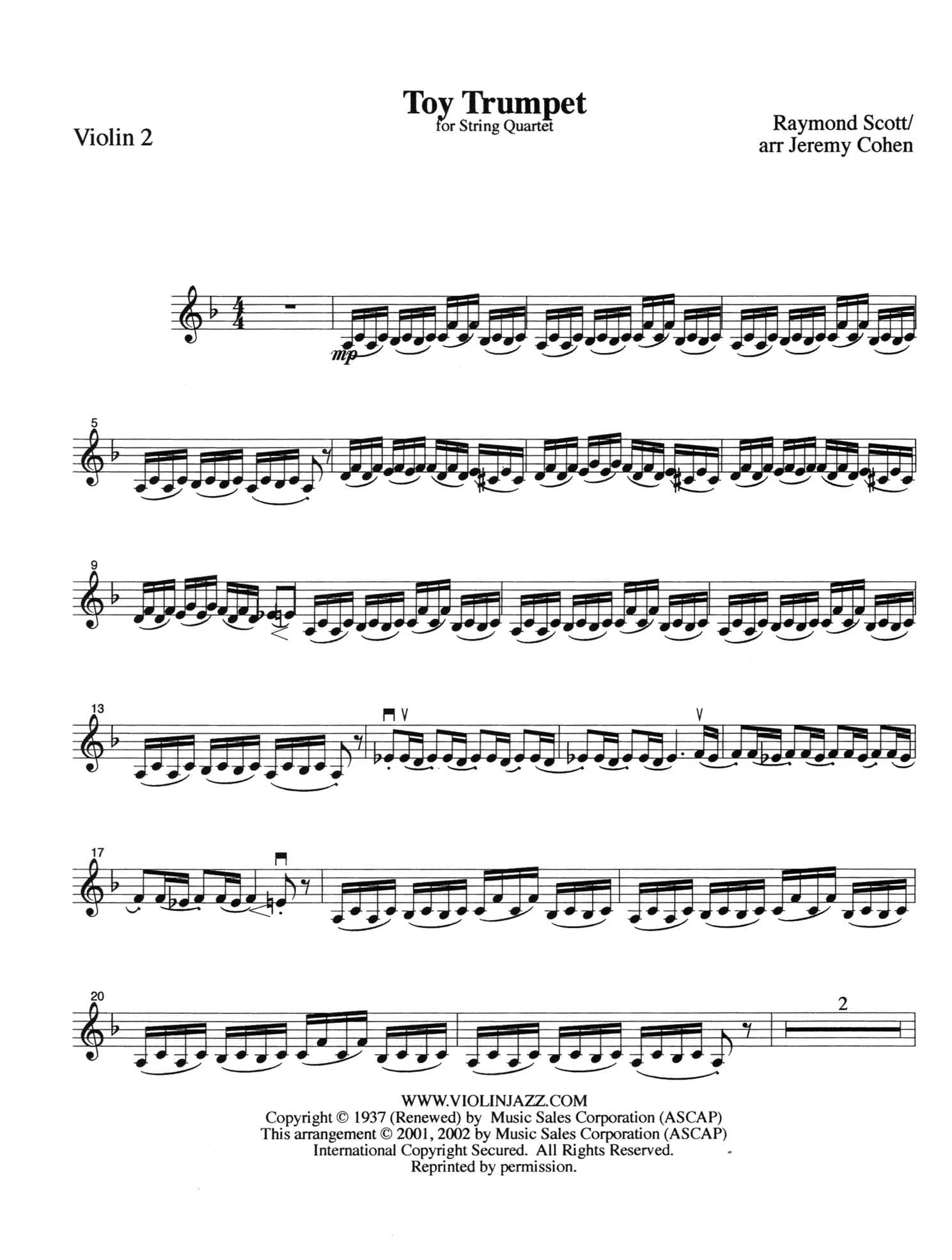 Scott, Raymond - Toy Trumpet - Raymond Scott Collection - for String Quartet - arranged by Jeremy Cohen - Violinjazz Editions - Image 4