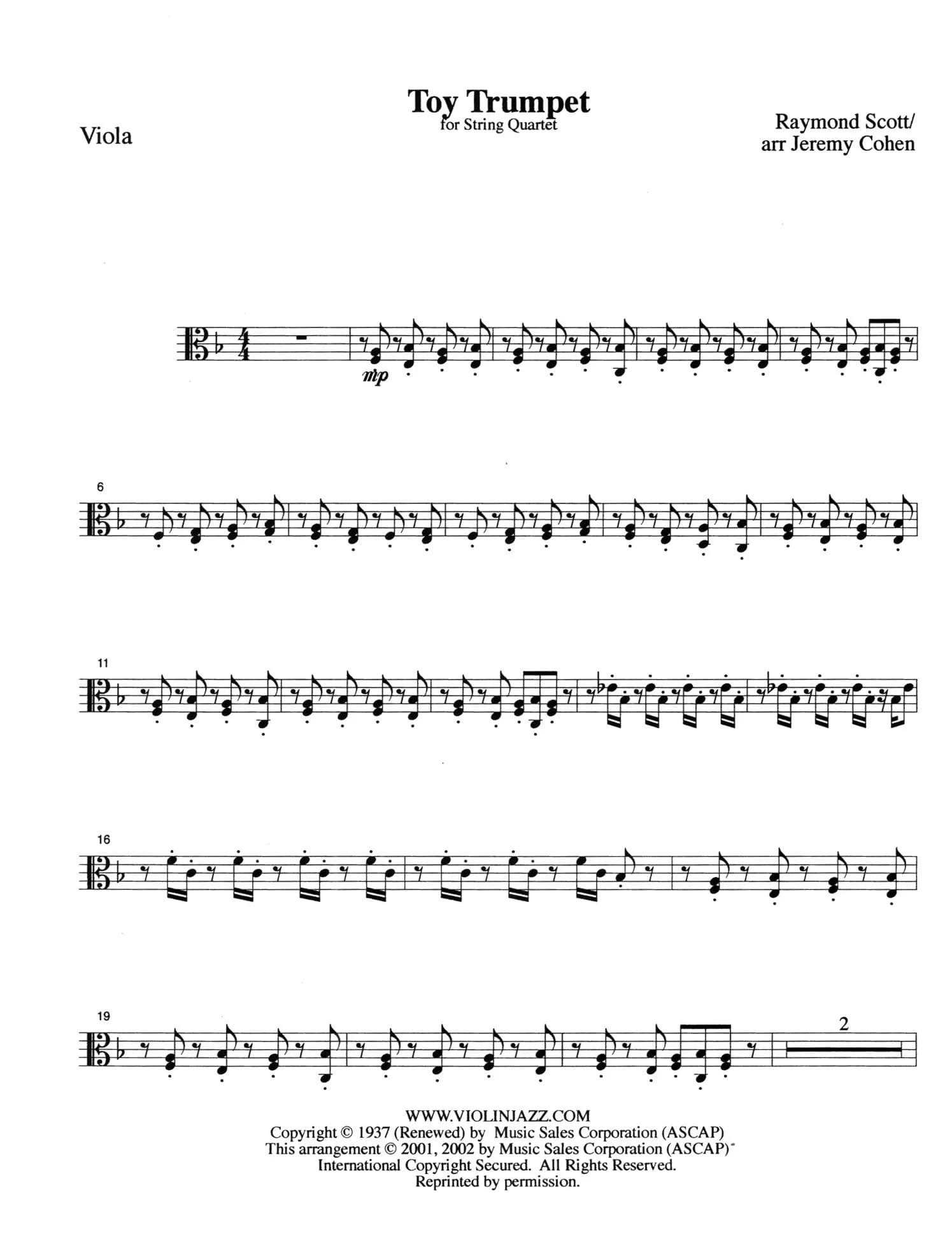 Scott, Raymond - Toy Trumpet - Raymond Scott Collection - for String Quartet - arranged by Jeremy Cohen - Violinjazz Editions - Image 5