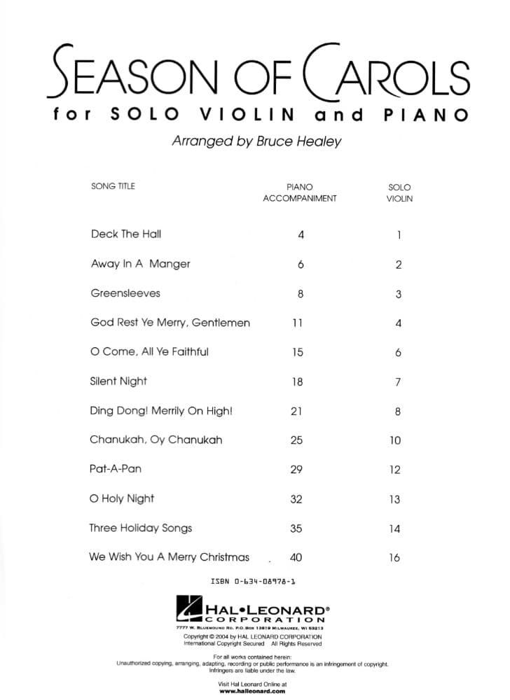 Season of Carols - Violin and Piano - arranged by Bruce Healey - Hal Leonard Edition - Image 2