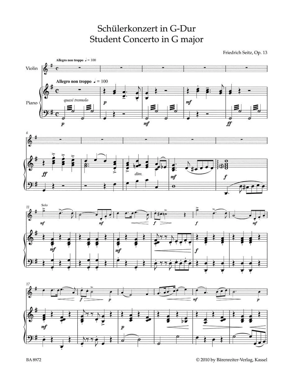 Seitz, Fritz (Friedrich) - Student Concerto Number 2 in G Major, Opus 13 - for Violin and Piano - Bärenreiter - Image 2