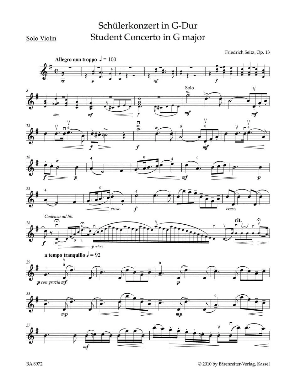Seitz, Fritz (Friedrich) - Student Concerto Number 2 in G Major, Opus 13 - for Violin and Piano - Bärenreiter - Image 3