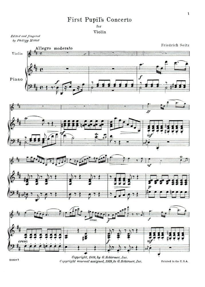 Seitz, Fritz (Friedrich) - Student's Concerto No 1 In D Major Op 7 For Violin and Piano Published by G Schirmer - Image 2