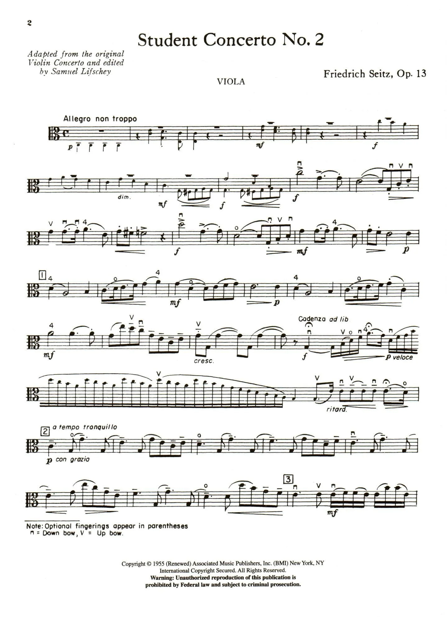 Seitz, Fritz (Friedrich) - Student's Concerto No 2 Op 13 For Viola in 1st Position and Piano Edited by Lifschey Published by Associated Music Publishers, Inc - Image 2