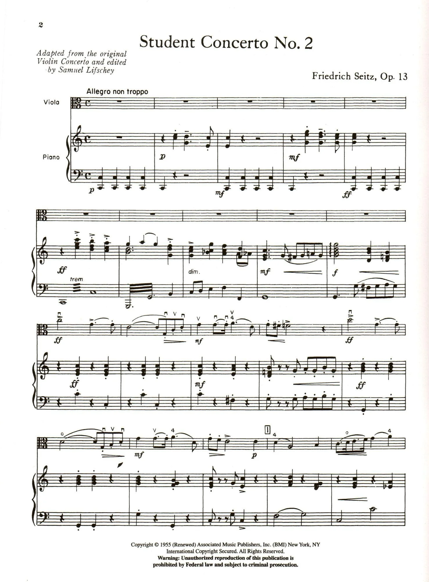 Seitz, Fritz (Friedrich) - Student's Concerto No 2 Op 13 For Viola in 1st Position and Piano Edited by Lifschey Published by Associated Music Publishers, Inc - Image 3