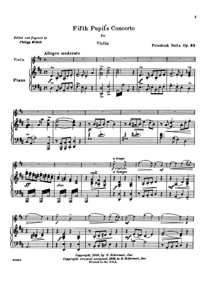 Seitz, Fritz (Friedrich) - Student's Concerto No 5 In D Major Op 22 For Violin and Piano Published by G Schirmer - Image 2