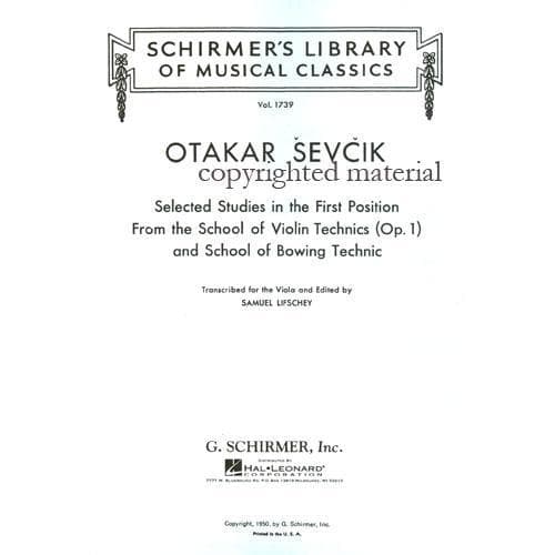 Sevcik, Otakar - Selected Studies In The First Position For Viola Published by G Schirmer - Image 2