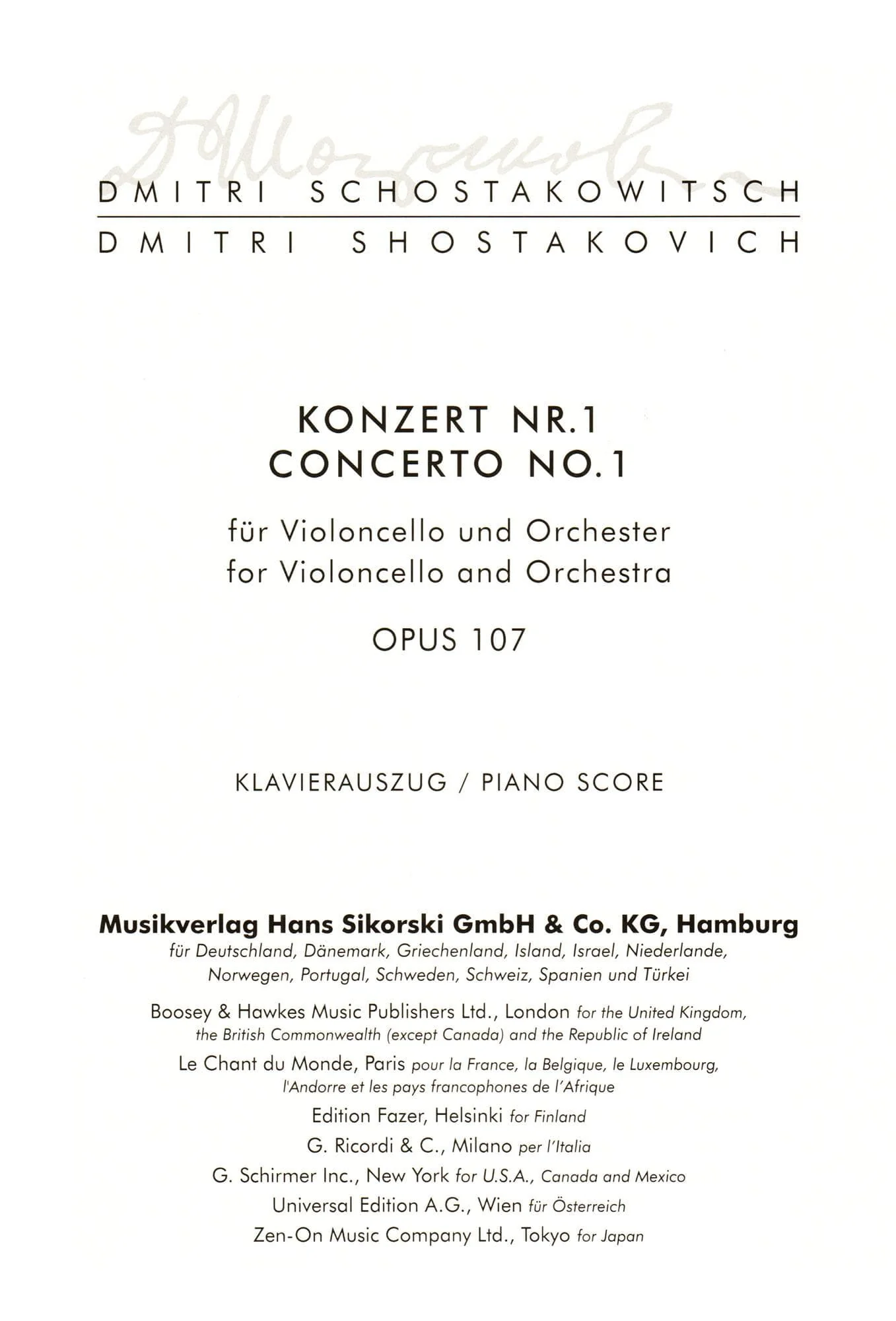 Shostakovich, Dmitri - Concerto No 1 in E flat Op 107 For Cello and Piano Published by Sikorski - Image 2