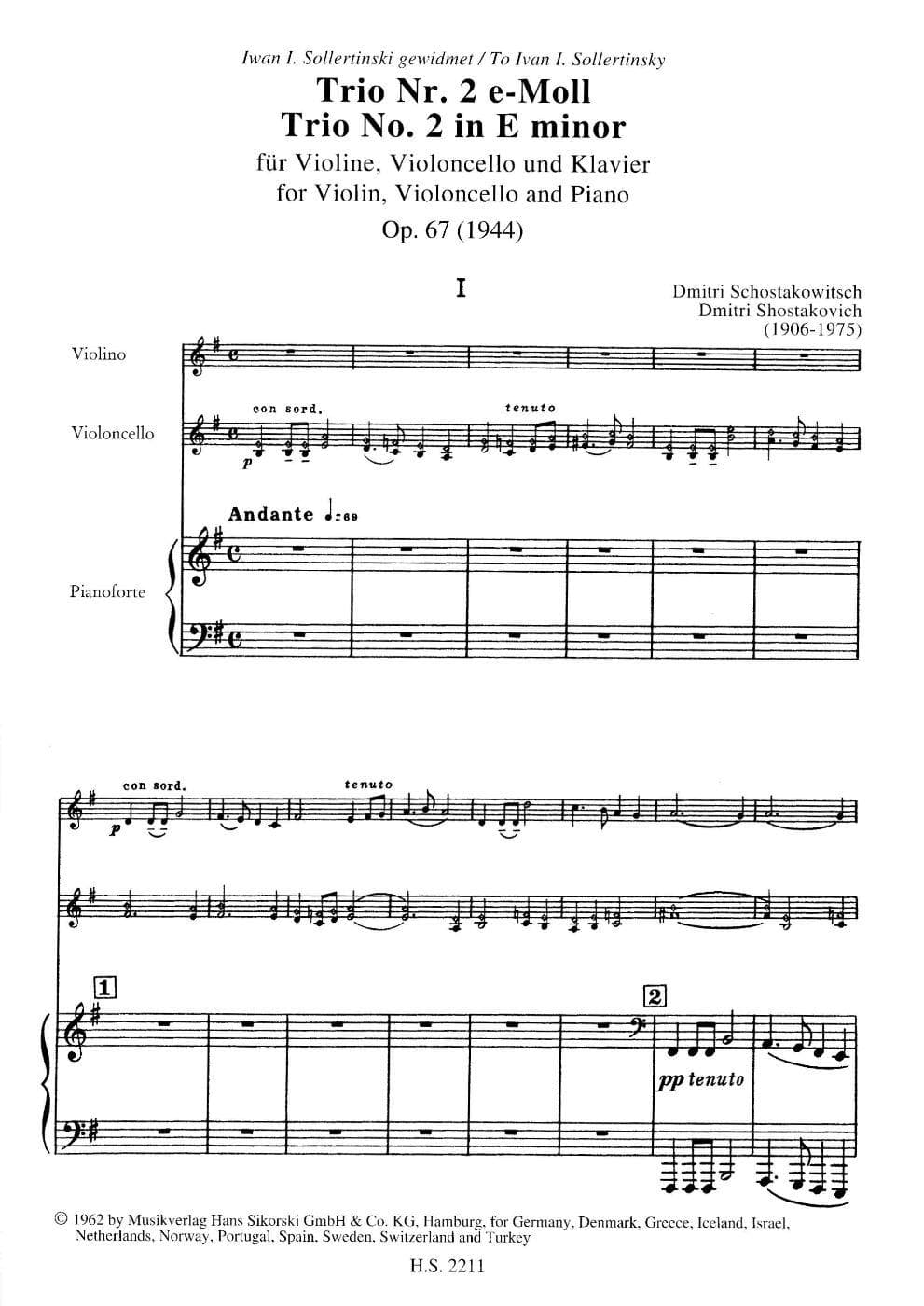 Shostakovich, Dmitri - Piano Trio No 2 in e minor, Op 67 For Violin, Cello and Piano Published by G Schirmer - Image 3
