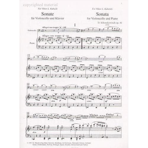 Shostakovich, Dmitri - Sonata in d minor, Op 40 - Cello and Piano - Edition Sikorski - Image 2
