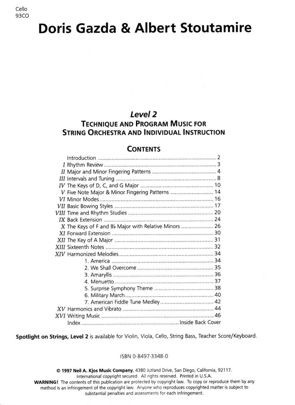Gazda, Doris - Spotlight On Strings, Level 2 - Cello - Edited by Albert L Stoutamire - Published by Neil A Kjos Music Company - Image 2