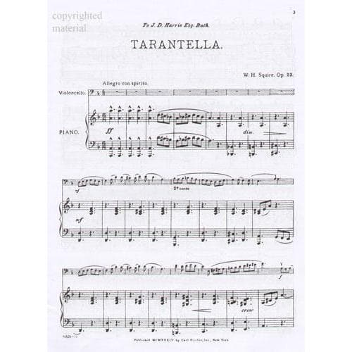 Squire, William Henry - Tarantella Op 23 For Cello and Piano Published by Carl Fischer - Image 2