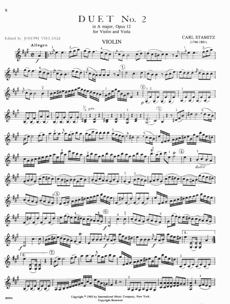 Stamitz-Duet No 2 In A Major, Op 12 For Violin and Viola Edited by Joseph Vieland Published by International Music Company - Image 2