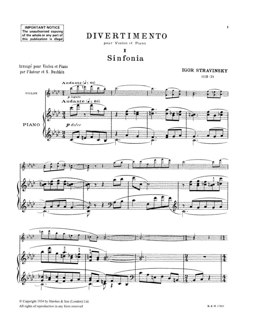 Stravinsky, Igor - Divertimento For Violin and Piano Published by Boosey & Hawkes - Image 2