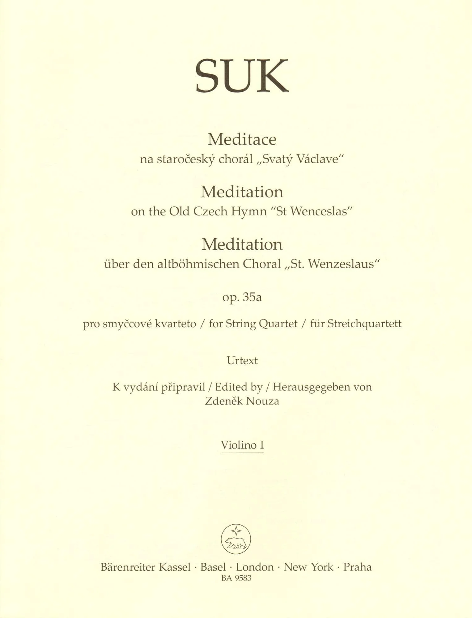 Suk, Josef - Meditation, Opus 35a - for String Quartet - edited by Zdenek Nouza - Barenreiter URTEXT - Image 2