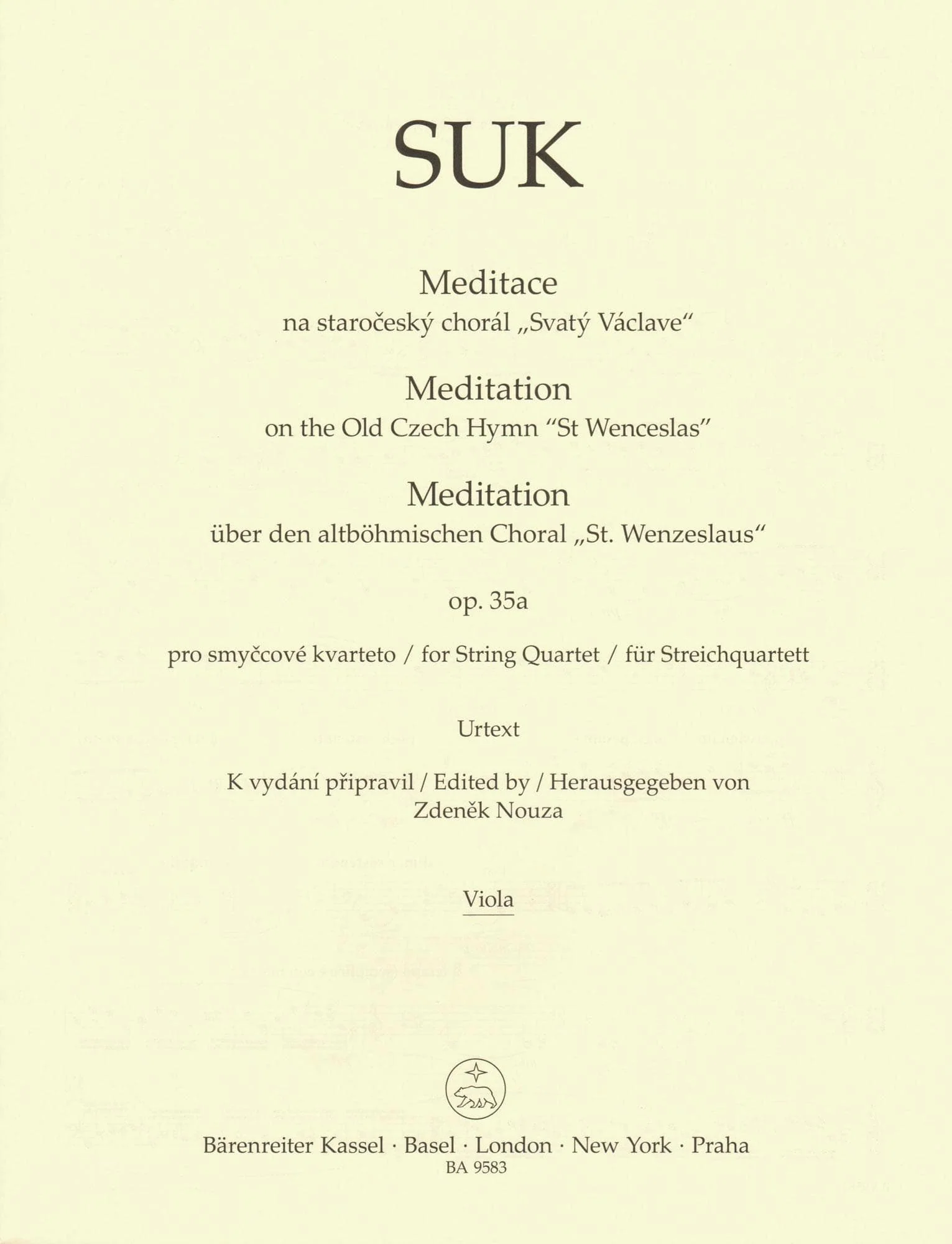 Suk, Josef - Meditation, Opus 35a - for String Quartet - edited by Zdenek Nouza - Barenreiter URTEXT - Image 5