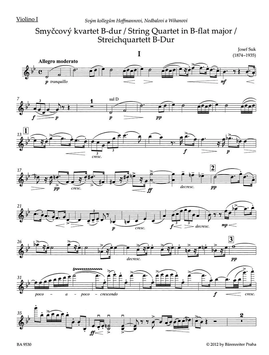 Suk, Josef - String Quartet No 1 in B-Flat Major, Op 11 - edited by Zdenek Nouza - Bärenreiter - Image 2