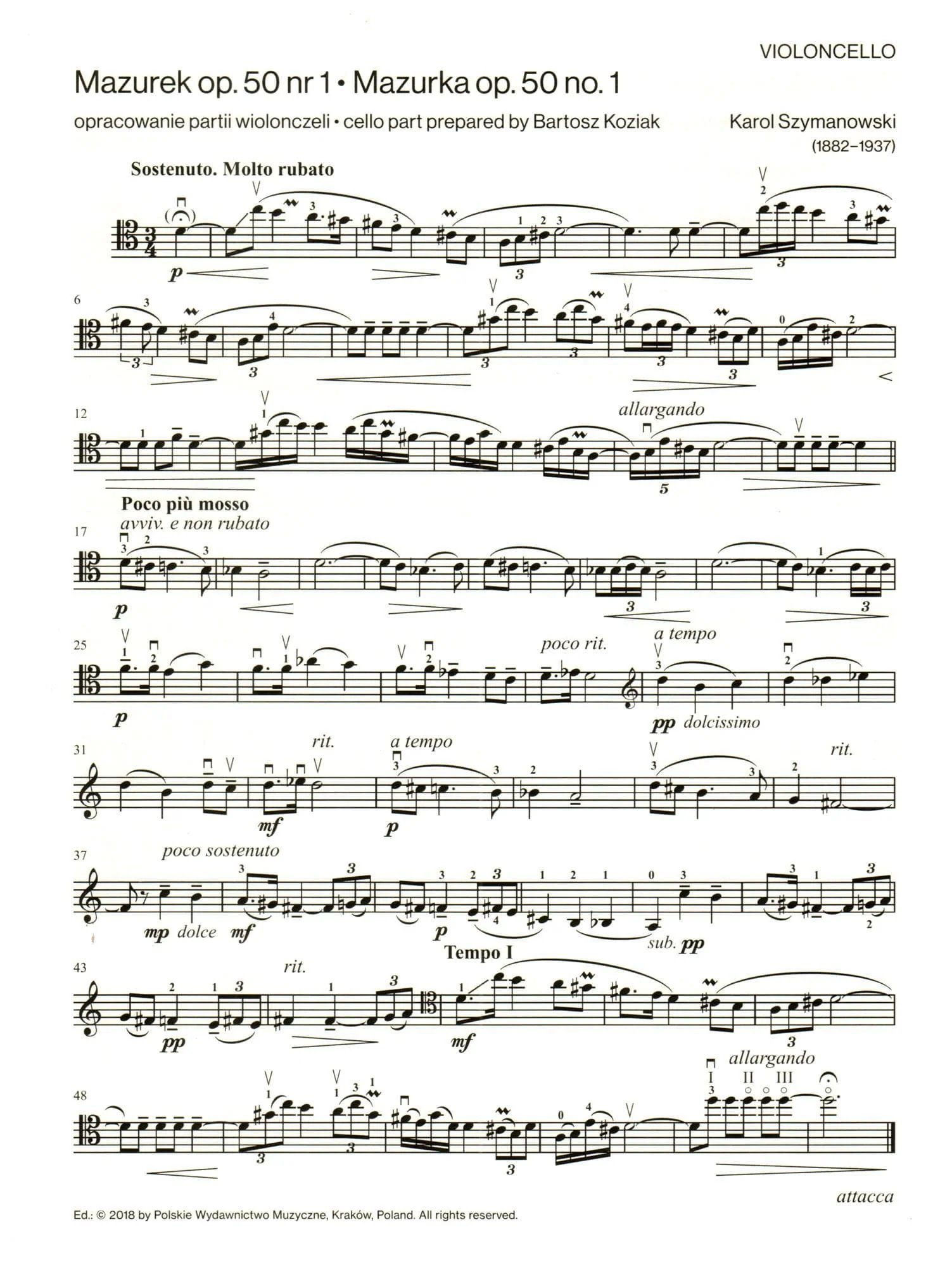 Szymanowski - Mazurkas, Op. 50, Nos. 1 and 2 - for Cello and Piano - edited by Jerzy Bauer - PWM Edition - Image 2