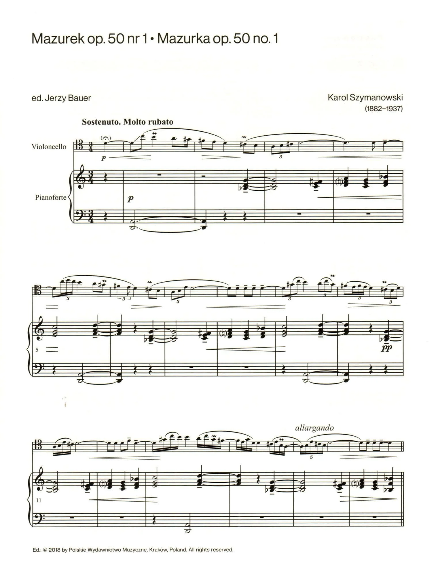 Szymanowski - Mazurkas, Op. 50, Nos. 1 and 2 - for Cello and Piano - edited by Jerzy Bauer - PWM Edition - Image 3