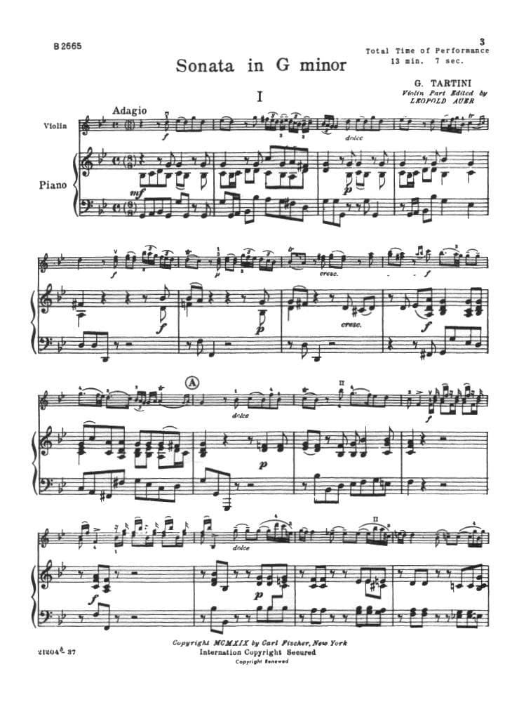 Tartini, Giuseppe - Sonata in g minor Op 1 No 10 For Violin and Piano Edited by Leopold Auer Published by Carl Fischer - Image 3