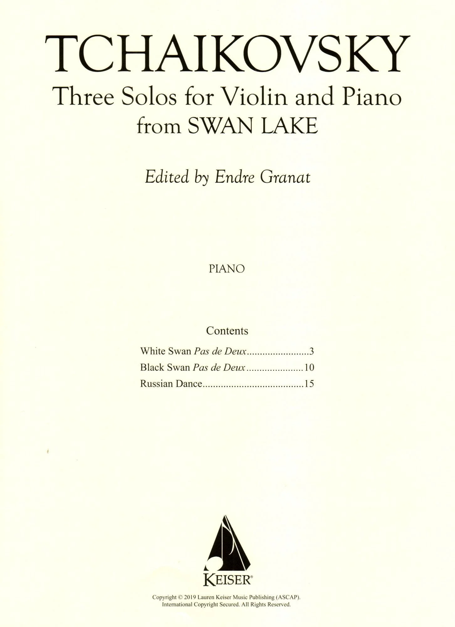 Tchaikovsky, P - Three Solos from Swan Lake - for Violin and Piano - Lauren Keiser Music - Image 2