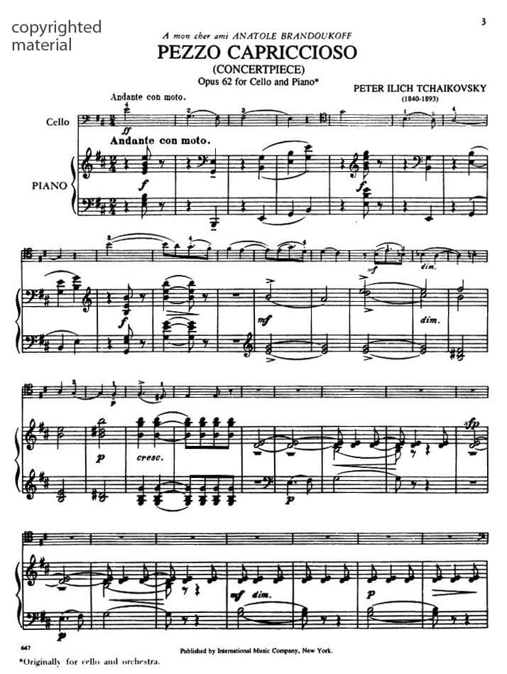Tchaikovsky, Pyotr Ilyich - Pezzo Capriccioso, Op 62 - for Cello and Piano - edited by Daniel Morganstern - International Music Company - Image 2