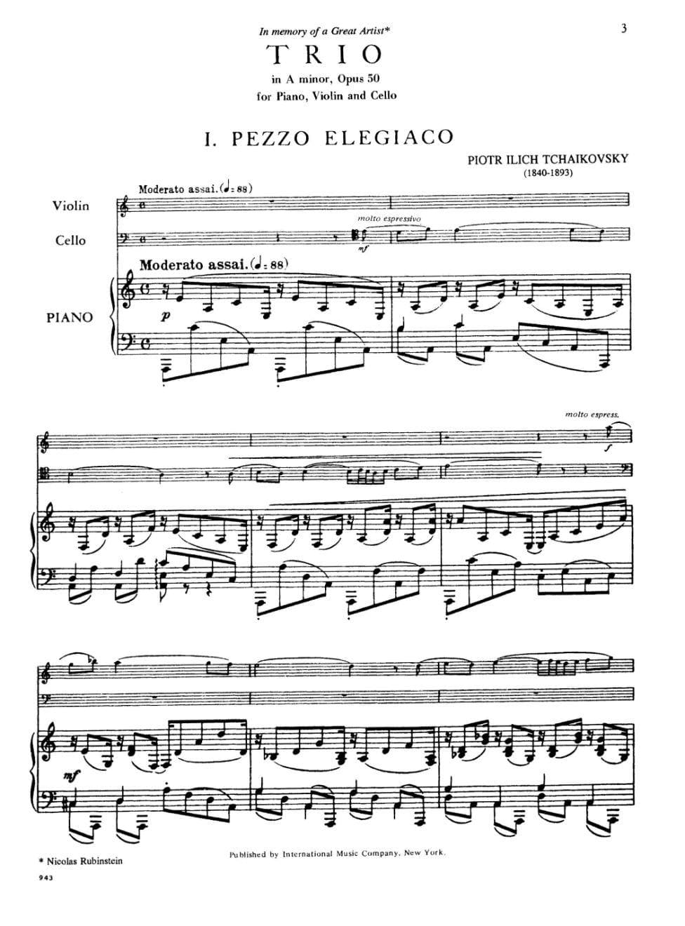 Tchaikovsky, Pyotr Ilyich - Piano Trio in a minor Op 50 For Violin, Cello and Piano Published by International Music Company - Image 2